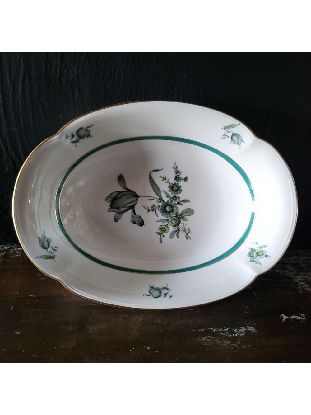 Vintage Royal Bayreuth Teal Tulip 9" Oval Vegetable Bowl Floral Design Gold Trim
